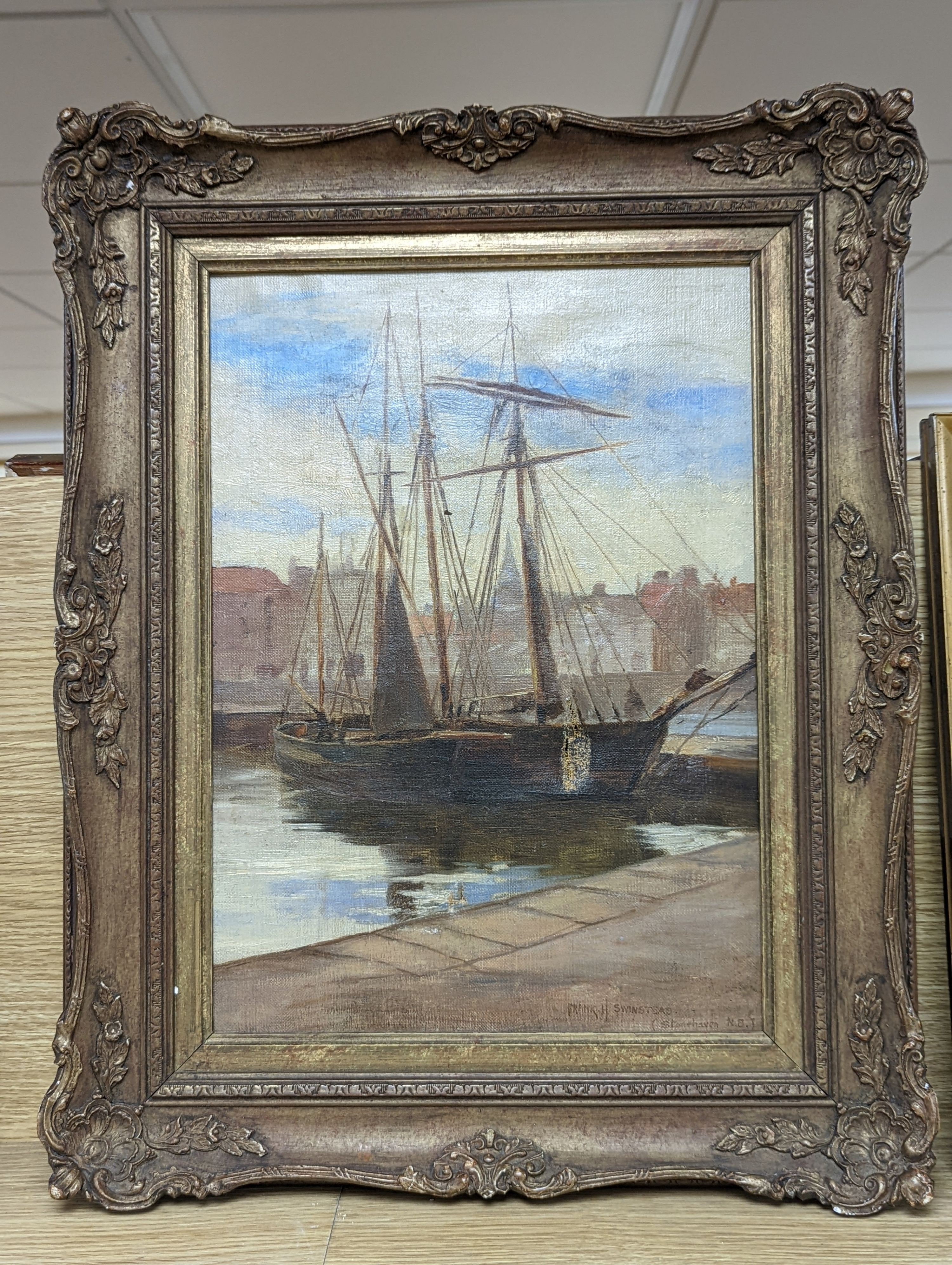 Frank Hillyard Swinstead (1862 - 1937), oil on canvas, Stonehaven harbour, signed and inscribed 'Stonehaven NB', 36 x 26cm
